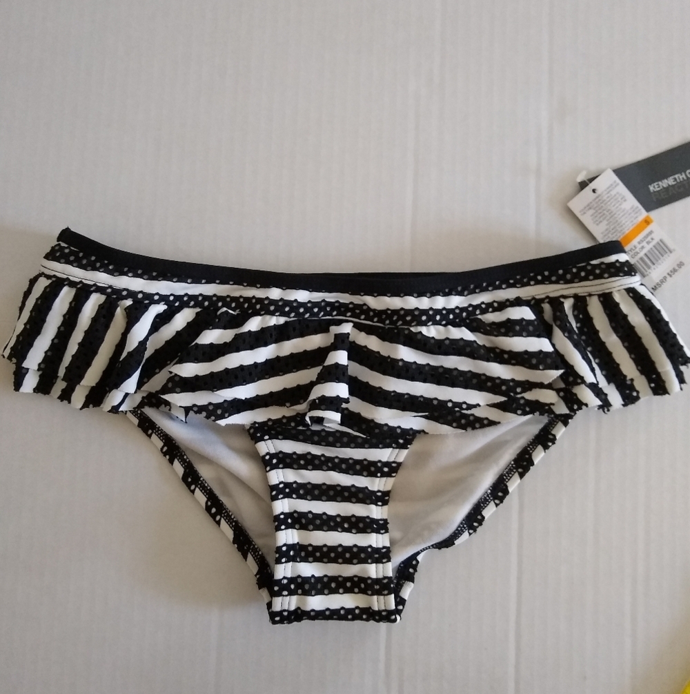 Kenneth Cole Reaction Black and White Striped Bikini Bottom Sm.